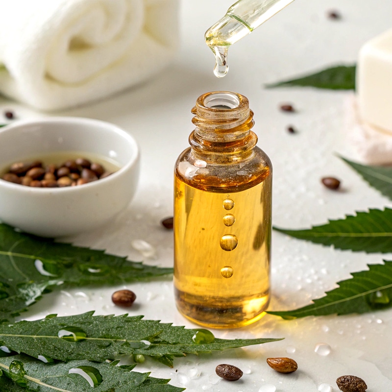 Huile de neem dorée tombant d'un compte-gouttes dans un flacon, avec feuilles, graines et eau. Ambiance de soin naturel.