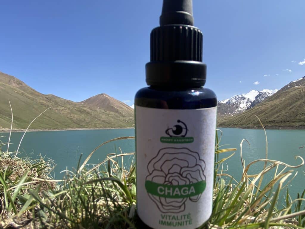 Flacon de Chaga Happy Nanotech pour vitalité et immunité, posé sur l'herbe, face à un lac de montagne turquoise et des sommets enneigés.