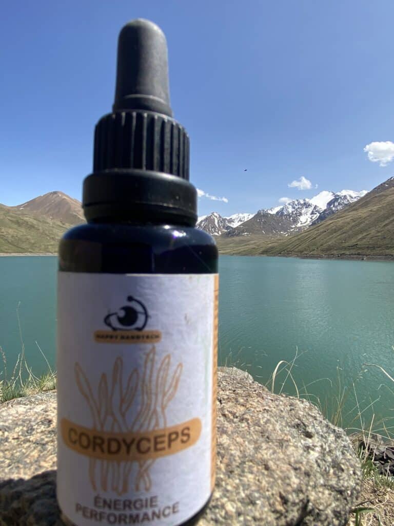 Bouteille Happy Nanotech de Cordyceps "Énergie Performance" sur un rocher, avec lac turquoise et montagnes enneigées sous ciel bleu.