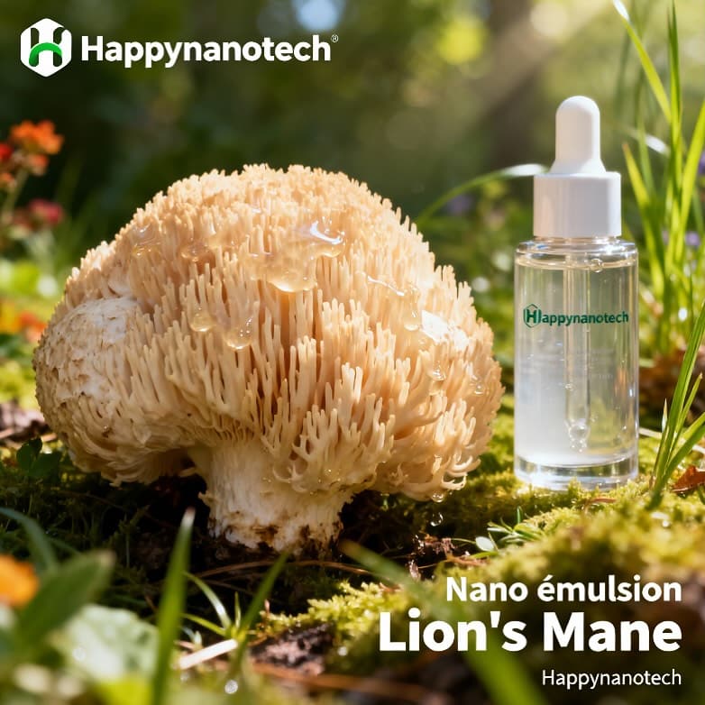 Champignon crinière de lion (Lion's Mane) avec gouttes d'eau et flacon 'Nano émulsion Lion's Mane' de Happynanotech en forêt.