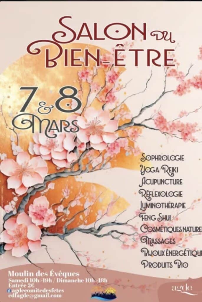 Affiche Salon du Bien-être à Agde, 7-8 mars au Moulin des Évêques. Décor fleurs de cerisier, massages et produits bio.