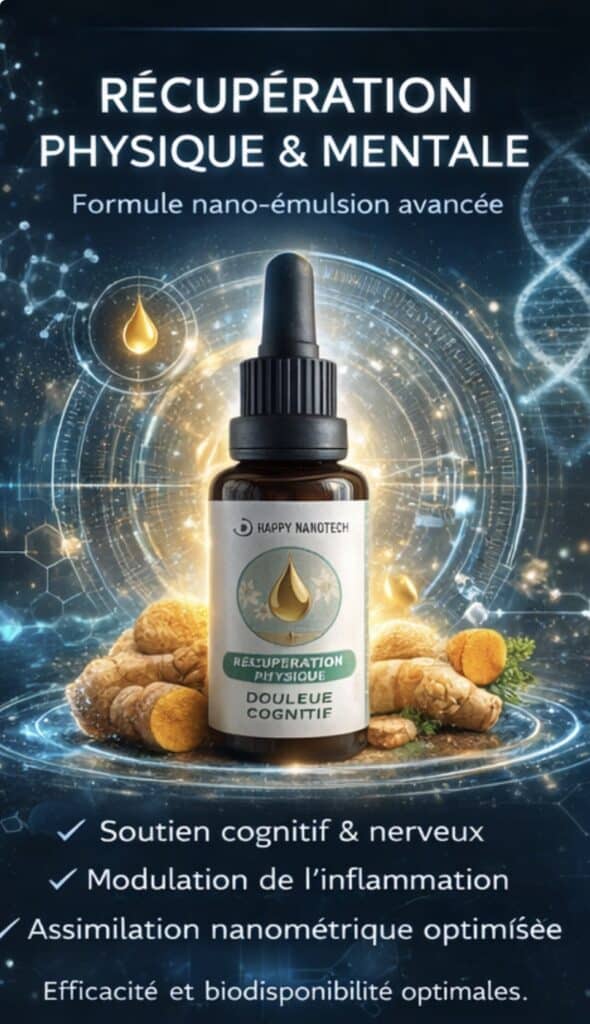 Happy Nanotech : Récupération physique et mentale, formule nano-émulsion avec curcuma et soutien cognitif.