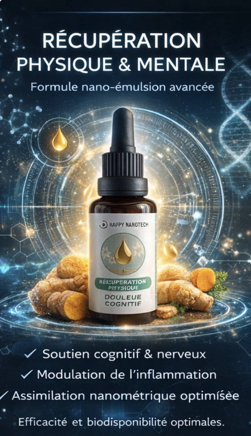 Happy Nanotech : Récupération physique et mentale, formule nano-émulsion avec curcuma et soutien cognitif.